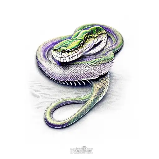 A realistic portrait of a snake with intricate patterns in shades of green and purple tattoo design idea
