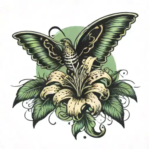 A cross with a tiger lilly wrapping around the cross with a humming bird with a black to green throat gradient  tattoo design idea