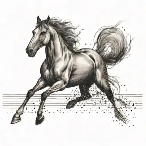 A powerful horse and a determined runner crossing the finish line together, symbolizing strength and perseverance tattoo design idea