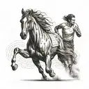 A powerful horse and a determined runner crossing the finish line together, symbolizing strength and perseverance tattoo design idea