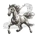 A powerful horse and a determined runner crossing the finish line together, symbolizing strength and perseverance tattoo design idea