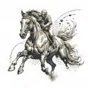 A powerful horse and a determined runner crossing the finish line together, symbolizing strength and perseverance tattoo design idea