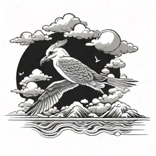 seagull and kamikaze in the cotton clouds tattoo design idea