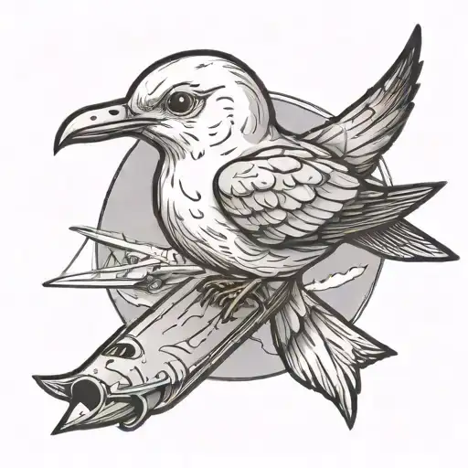 seagull bird protagonist and kamikaze plane in the background tattoo design idea