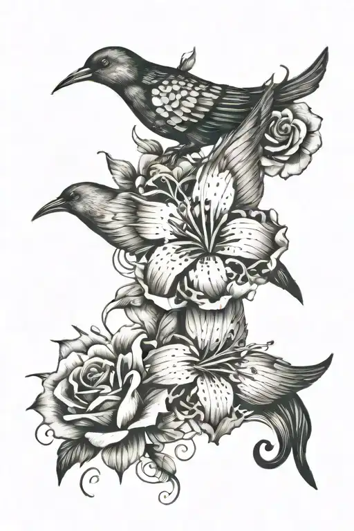Flowers realistic like Lillie's and roses with birds spread wings some hollow line design similar to cyber Sigilism  tattoo design idea