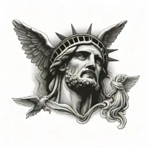 Christ the redeemer face with praying angel statues   tattoo design idea