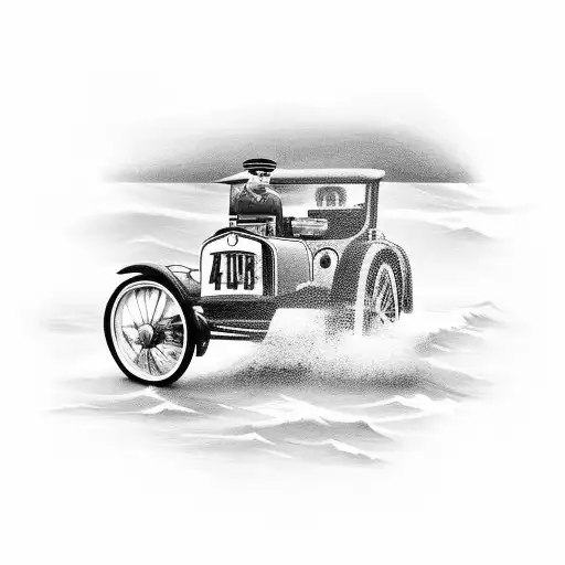A black-grey tattoo of a vintage car driving along a coastal road, with waves crashing against the cliffs and seagulls flying overhead. tattoo design idea