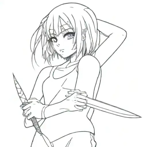 Anime girl with very obvious emotions with knife tattoo design idea
