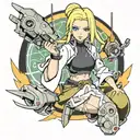 A new-school tattoo of Tsunade from Naruto with a futuristic twist, featuring cybernetic enhancements and robotic elements tattoo design idea