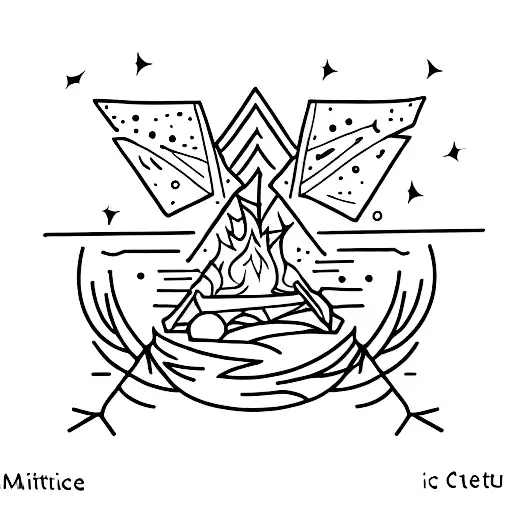 A mystical witchy scene with a glowing campfire surrounded by enchanted moths and illuminated by candlelight tattoo design idea