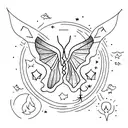 A mystical witchy scene with a glowing campfire surrounded by enchanted moths and illuminated by candlelight tattoo design idea