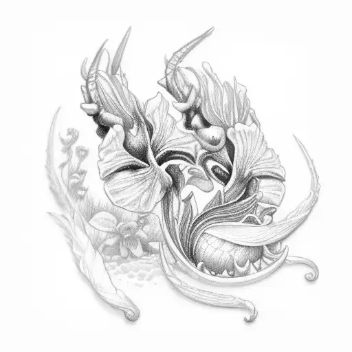 red lobster holding purple petunia, pink snap dragon and white iris  tattoo design idea