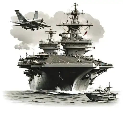 USS Carl Vinson aircraft carrier with plane taking off tattoo design idea
