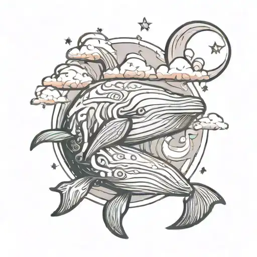 whale crescent moon clouds   tattoo design idea
