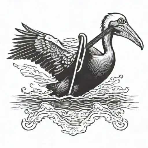 A blackwork tattoo of a pelican diving into the ocean with a guitar strapped to its back tattoo design idea