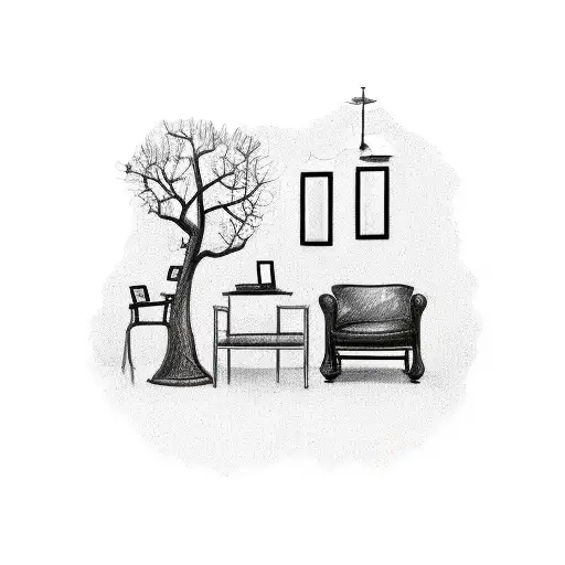 A detailed sketch of a psychologist's chair under a beautiful tree, symbolizing self-discovery and personal growth tattoo design idea