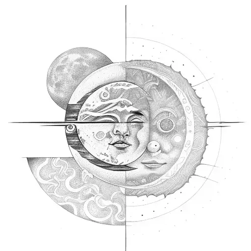 A mesmerizing sun and moon design merging together, representing the balance between power and self-love tattoo design idea