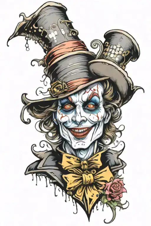 A euphoric jester dressed in the style of a mad-hatter with a dripping syringe of sedatives.  tattoo design idea