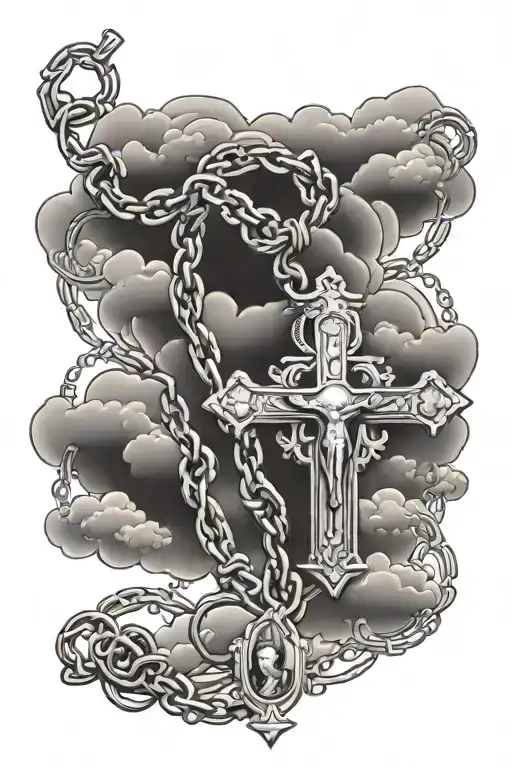 rivera clouds surrounding rosary wrapped tattoo design idea