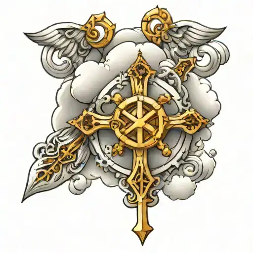 name rivera clouds surrounding rosary wrapped tattoo design idea