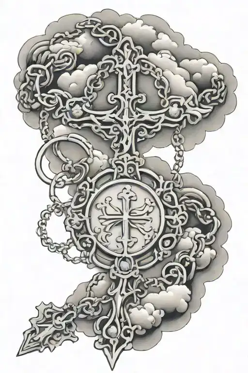 name rivera clouds surrounding rosary wrapped tattoo design idea