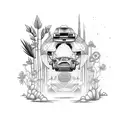 DeLorean time machine surrounded by lush plants tattoo design idea