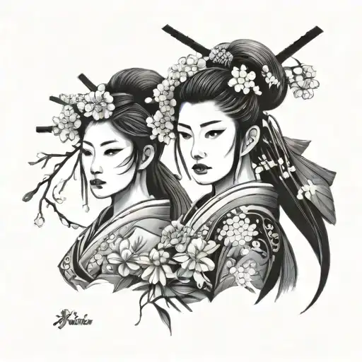 on the left the portrait (oriented to the left, decorated with sakura flowers, tree branches) of a warrior geisha who re tattoo design idea