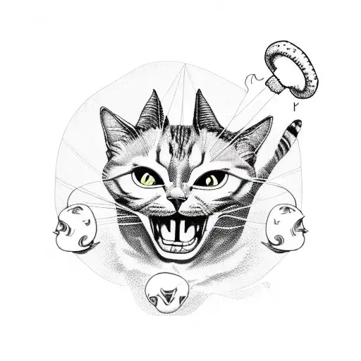 A mischievous satanic cat playing with a ball of yarn and surrounded by mystical mushrooms tattoo design idea