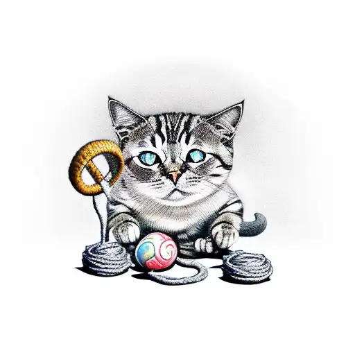 A mischievous satanic cat playing with a ball of yarn and surrounded by mystical mushrooms tattoo design idea