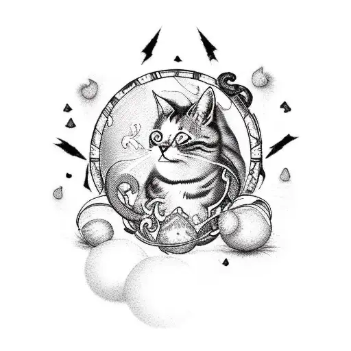 A mischievous satanic cat playing with a ball of yarn and surrounded by mystical mushrooms tattoo design idea