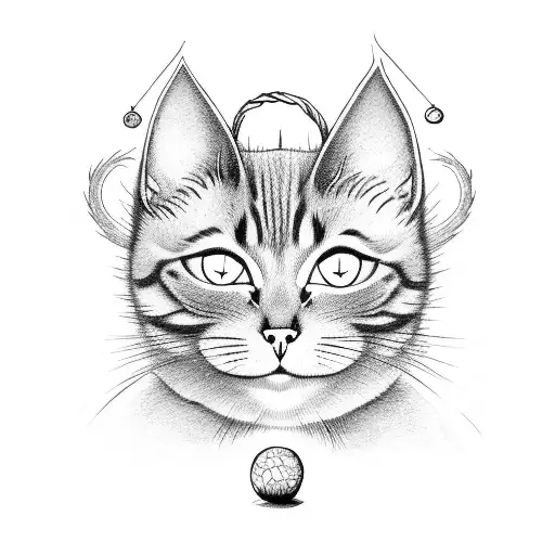 A mischievous satanic cat playing with a ball of yarn and surrounded by mystical mushrooms tattoo design idea