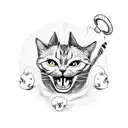 A mischievous satanic cat playing with a ball of yarn and surrounded by mystical mushrooms tattoo design idea