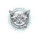 A mischievous satanic cat playing with a ball of yarn and surrounded by mystical mushrooms tattoo design idea