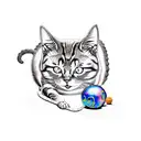 A mischievous satanic cat playing with a ball of yarn and surrounded by mystical mushrooms tattoo design idea