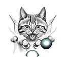 A mischievous satanic cat playing with a ball of yarn and surrounded by mystical mushrooms tattoo design idea