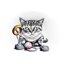 A mischievous satanic cat playing with a ball of yarn and surrounded by mystical mushrooms tattoo design idea