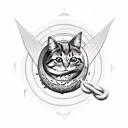 A mischievous satanic cat playing with a ball of yarn and surrounded by mystical mushrooms tattoo design idea