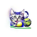 A mischievous satanic cat playing with a ball of yarn and surrounded by mystical mushrooms tattoo design idea