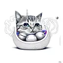 A mischievous satanic cat playing with a ball of yarn and surrounded by mystical mushrooms tattoo design idea