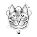 A mischievous satanic cat playing with a ball of yarn and surrounded by mystical mushrooms tattoo design idea