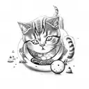 A mischievous satanic cat playing with a ball of yarn and surrounded by mystical mushrooms tattoo design idea