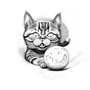 A mischievous satanic cat playing with a ball of yarn and surrounded by mystical mushrooms tattoo design idea