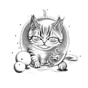 A mischievous satanic cat playing with a ball of yarn and surrounded by mystical mushrooms tattoo design idea