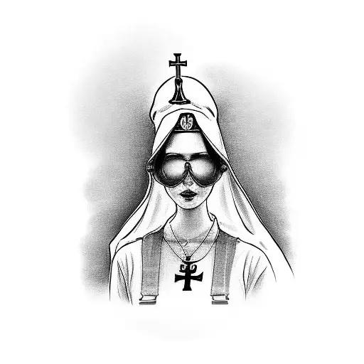 beautiful girl with aviator sunglasses with mushroom cloud in the reflection of the glasses dressed as a nun tattoo design idea
