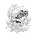 a black and a blue koi fish swimming under a lotus flower tattoo design idea