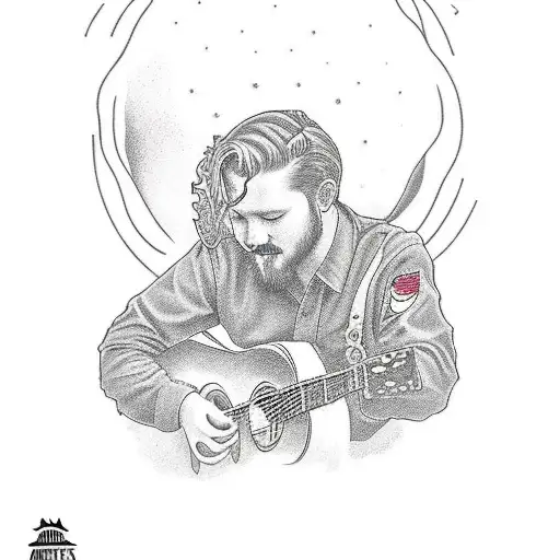 A realistic portrait of Tyler Childers playing guitar in an American traditional style tattoo design idea