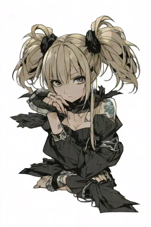 Misa Amame is a blonde sexy teenage with 2 buns on her hair, her shoulders and bare neck and breast exposed, tattoo design idea