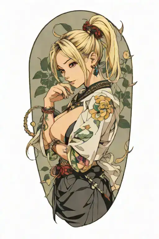 Misa Amame is a blonde sexy teenage with 2 buns on her hair, her shoulders and bare neck and breast exposed, tattoo design idea