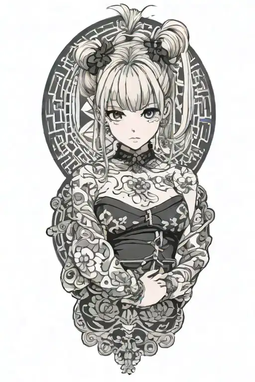 Misa Amame is a blonde sexy teenage with 2 buns on her hair, her shoulders and bare neck and breast exposed, tattoo design idea