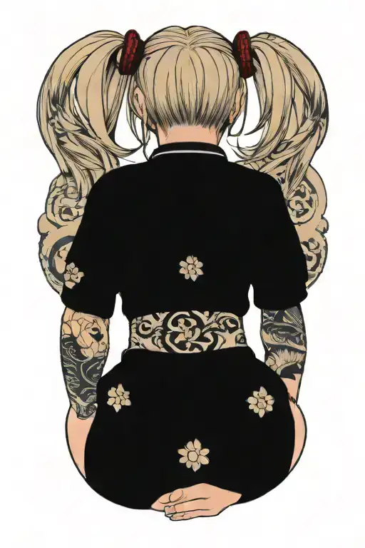 Misa Amame is a blonde sexy teenage with 2 buns on her hair, her shoulders and bare neck and breast exposed, tattoo design idea